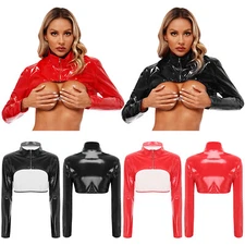 Womens Shrug Stage Performance Crop Top Metallic T-shirt Front Zipper Clubwear