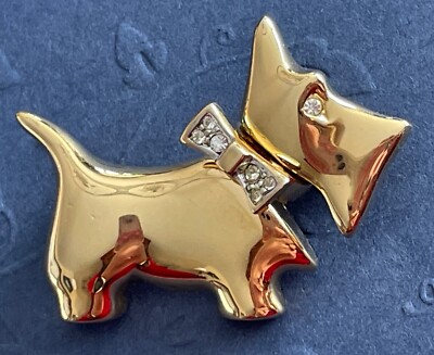 Adorable GoldTone Scottie Dog Pin Brooch With Rhinestones Bow Collar R16