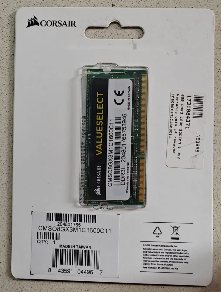 CORSAIR VALUESELECT CMSO8GX3M1C1600C11 8GB DDR3L 1600MHZ SO-DIMM RAM MEMORY- - Image 2 of 2