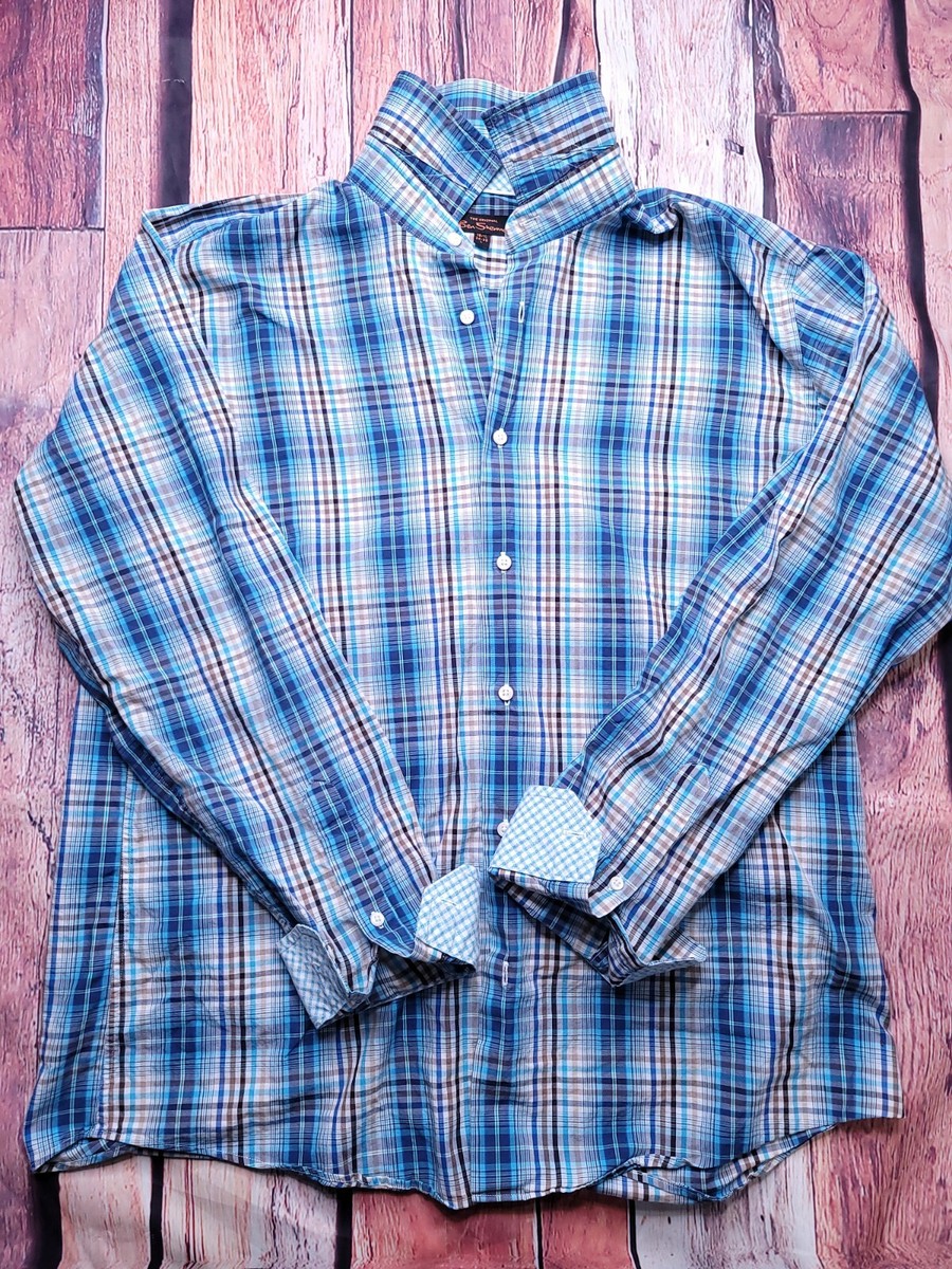 Ben Sherman Lg 16.5 34-35 Blue Long Sleeve Flip Cuff Button Shirt