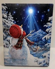LED CHRISTMAS LIGHT UP CANVAS Tabletop Winter DECOR SNOWMAN 6"X8" Timer Feature 