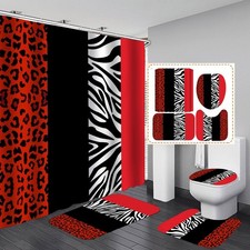4PCS Leopard Print Shower Curtain Set with Rug, Lid Cover and Bath Mat,Red Bl...