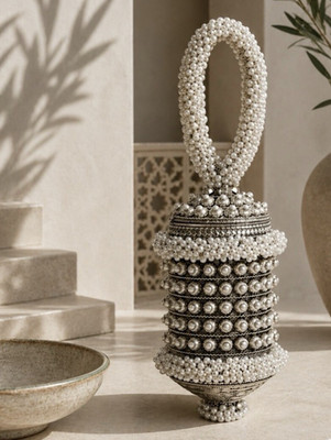 RAMLA  Pearly Glam  Antique Gold Cylinder Pearl Beaded Clutch Bag