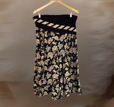 Vintage 80s 90s Culottes Black Floral L Ultra Wide Leg Pants Crop Flowy Elastic