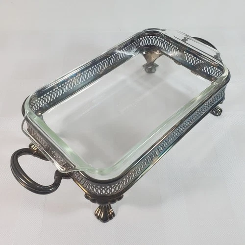 Vtg Anchor Hocking 1.5 Qt Rectangle Glass Casserole Dish 432 Silver Serving Tray