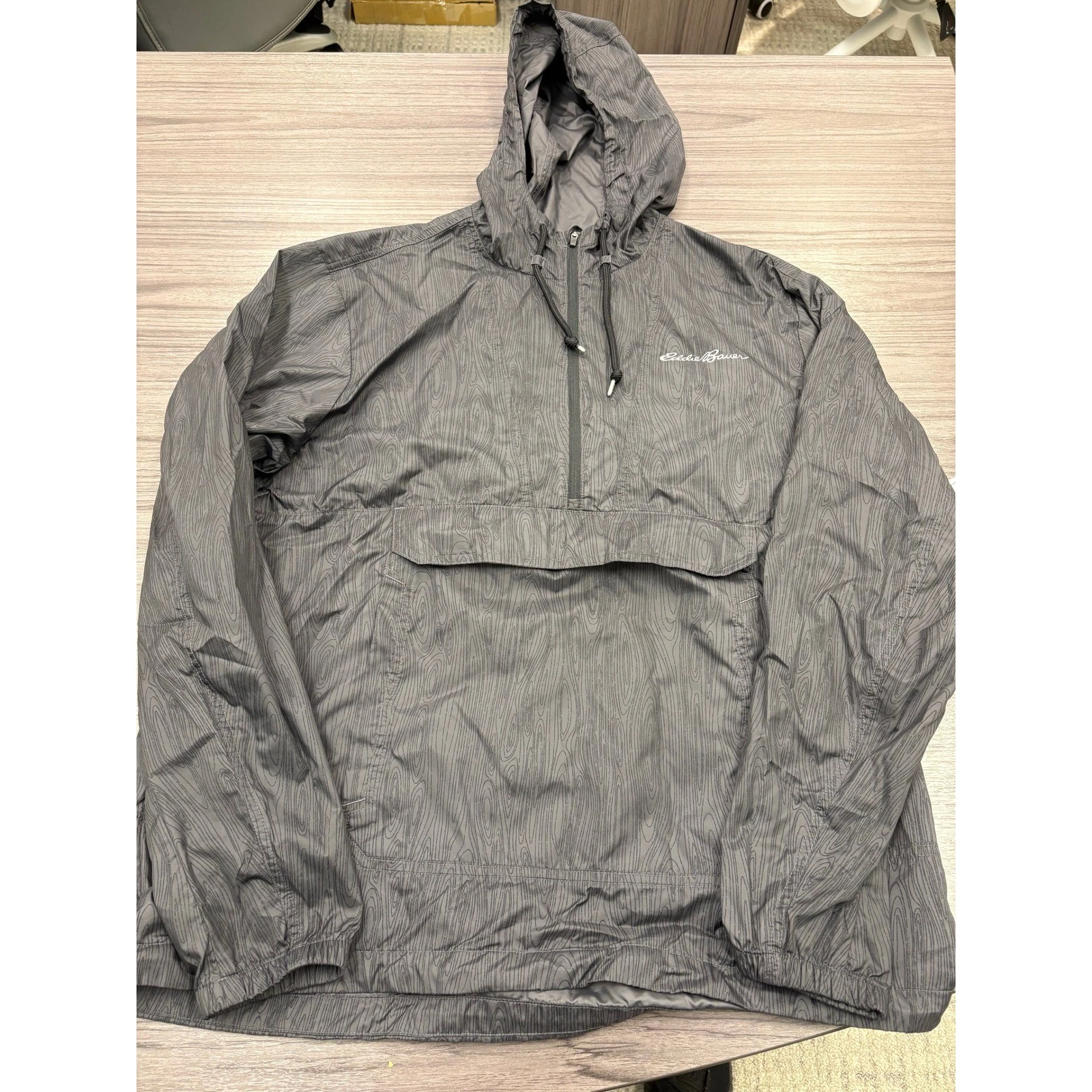 Eddie Bauer Black Hooded Windbreaker Pullover Jacket Half Zip Pocket Size L