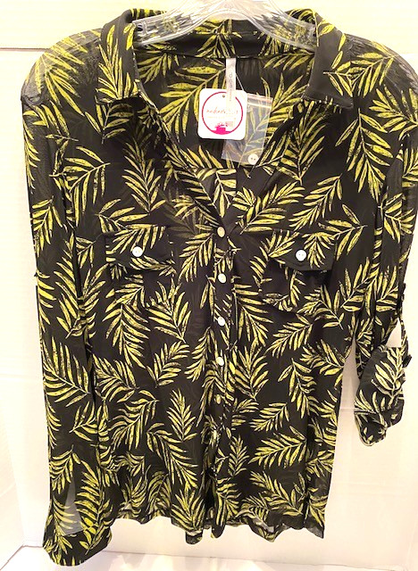 New! Nadine West/DNA Couture Sz. L Black/Green Tropical Leaf Sheer Shirt