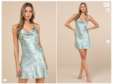 Lulus Close to Your Heart Sage Green Satin Jacquard Cowl Slip Mini Dress Size M
