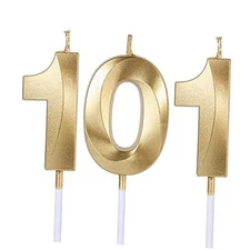 Gold 101st Birthday Candles for Cakes, Number 101 Candle Cake Topper for 