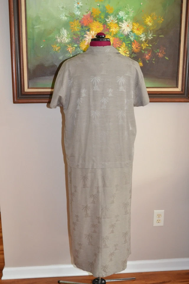 Maxi Vestido Vintage 100% Seda con Conjunto Top de Botones a Juego, Palmeras Verdes XL Foto 4 de 4