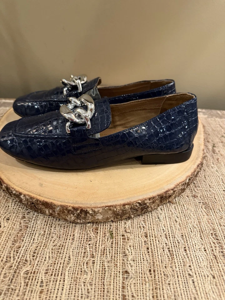 Zapatos para mujer Donald Pliner Bristol azul marino eslabón astilla cocodrilo mocasín plano talla 6,5 Foto 2 de 4