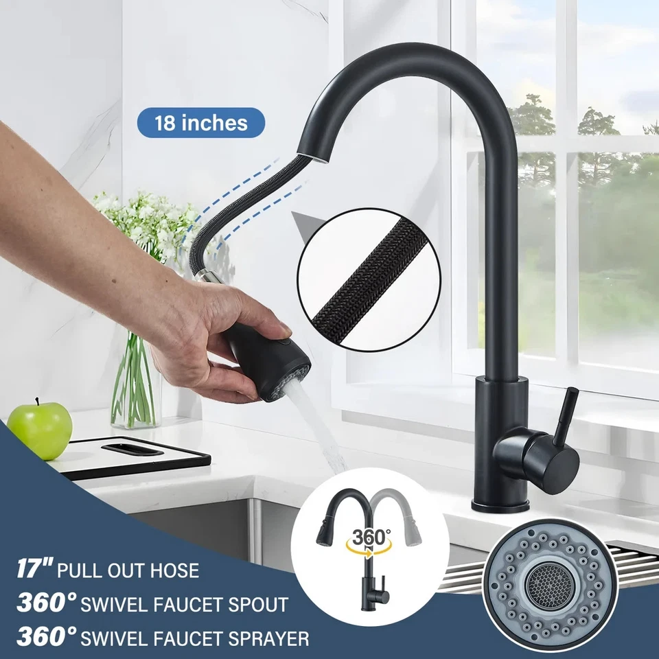 Черный кухонный кран для раковины выдвижной распылитель поворотный с одной ручкой смеситель кран с 1 отверстием - Изображение 4 из 4