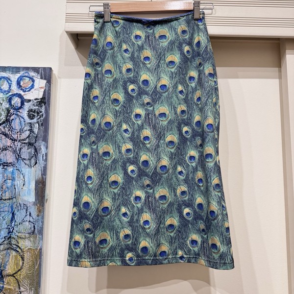 Vintage 90s Slip Skirt Tightrope Approx Size 12 Stretch Peacock Design Grunge