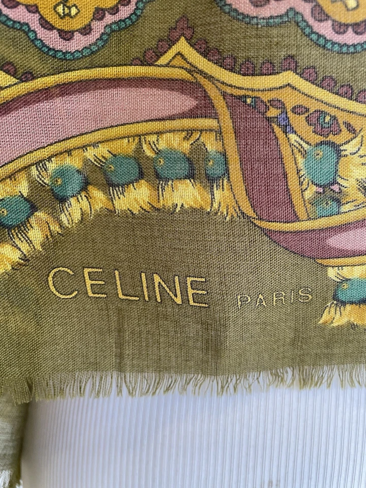Bufanda CELINE Paris Vintage Estampado Paisley Verde Rosa Amarillo Mezcla Lana Italia #A31 Foto 2 de 3