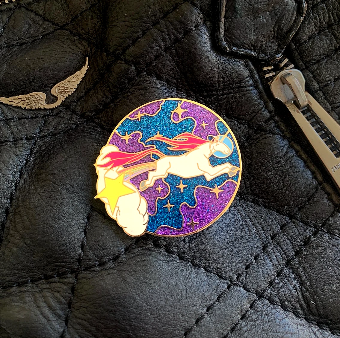 RARE vintage UNICORN PEGASUS cosmic planets stars enamel alloy pin Lare glitter