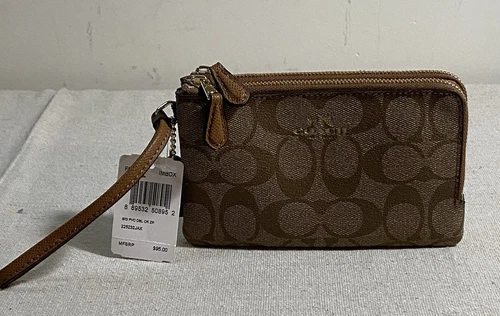 Portafoglio Coach Signature kaki sella doppio angolo zip da polso *NUOVO con etichette*