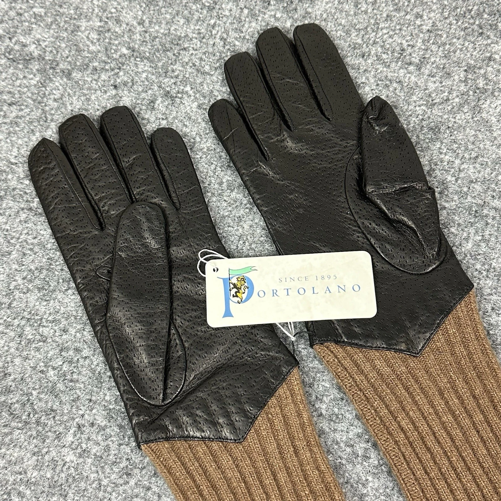 Portolano Leather Gloves Womens 6 1/2 Brown Knit Cuff Cashmere Blend Winter NWT
