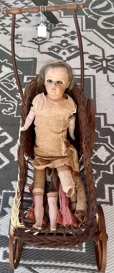 Paper Mache Shoulder Head Doll, Glass Eyes, Straw Body, Late 1800s SPOOKY.AS IS - Image 2 of 4