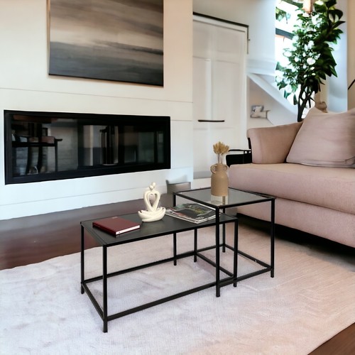 Set Of 2 Coffee Table Black Large Nesting Tables Side Table with Clear Glass Top - Picture 10 of 13
