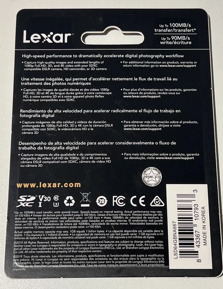 Lote 2 Tarjetas de Memoria Nuevas Lexar 64GB 4K SDXC UHS-I PNY 8GB SDHC Profesional Foto 4 de 4