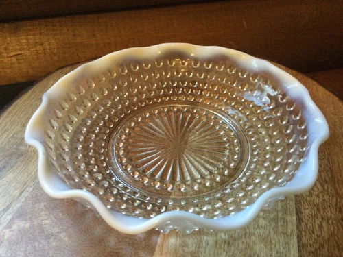 Moonstone Opalescent Hobnail Glass Bowl Dish w/Ruffled Edge 8” VTG
