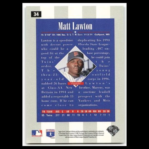 Tarjeta de béisbol Matt Lawton novato #34 1996 elección de coleccionistas Minnesota Twins MLB Foto 2 de 3