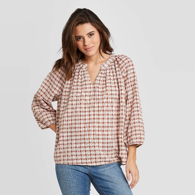 Plaid Balloon Sleeve V-neck Shirt Tan 