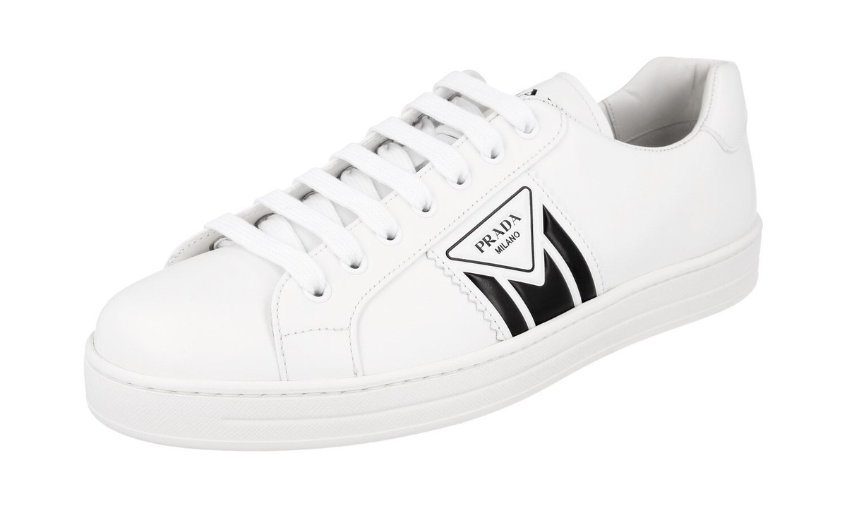 プライド PRADA Leather DOWNTOWN Sneakers - 4E3544 - White Black - NEW