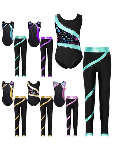 Kids Girls Set Trousers Leotard Mesh Outfit Metallic Hoodie Gymnastics Pants - Picture 4 of 62