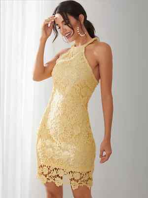YOINS Lace Halter Dress Neck Bodycon Mini Zipper Lined Size 12/14 Uk BNWT Yellow