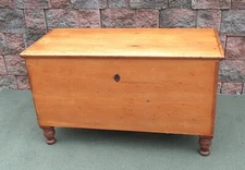 Antique Yellow Pine Dovetailed Cherry Turned Feet Blanket Chest Trunk Grab Lock
