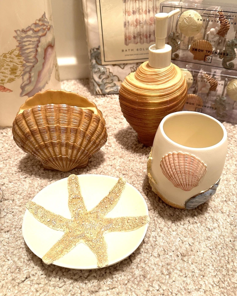 Juego de baño Beach Seashell (19 piezas NUEVO juego) toallas, tapete, cortina, jabón, artículos de tocador Foto 3 de 4