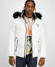 NWT MENS GUESS WHITE WINTER QUILTED FAUX FUR HOODED PUFFER JACKET SZ LARGE $250