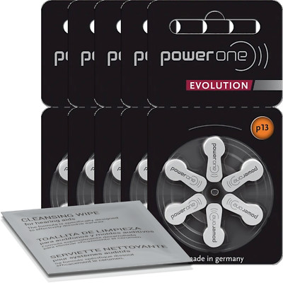 30 Power One Evolution Hearing Aid Batteries with Cleaning Cloth P13 5x Pack ...