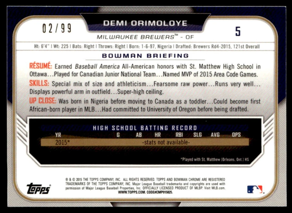 2015 Bowman Draft #5 Demi Orimoloye Green 02/99 Brewers - Image 2 of 2