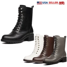 Women Lace Up Combat Boots Low Heel Round Toe Military Mid Calf Boots Size 5-12