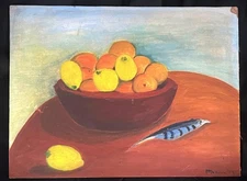 Oil Painting Still Life Naive Folk Art Americana Bowl of Fruit Oranges & Lemons