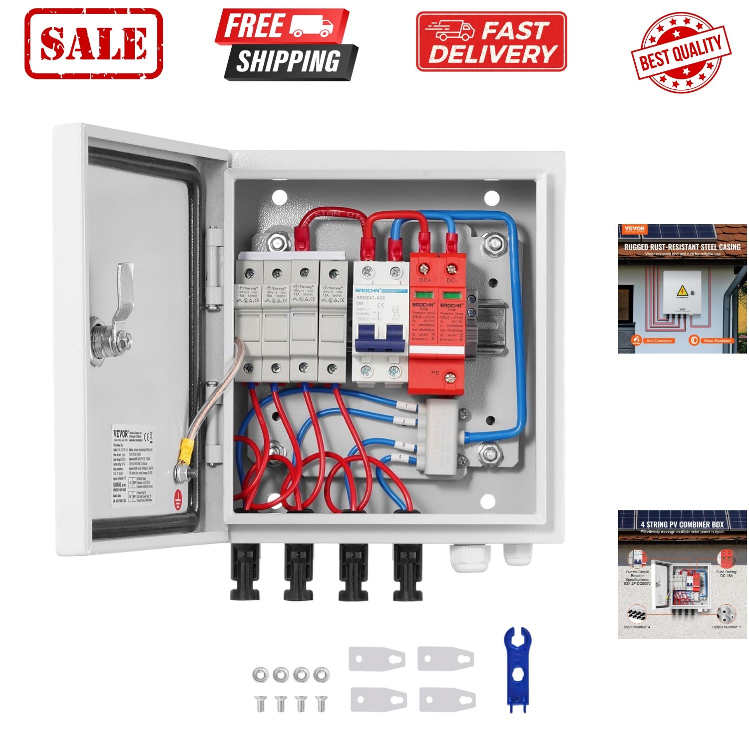 4 String Metal Solar Combiner Box with 15A Rated Current Fus