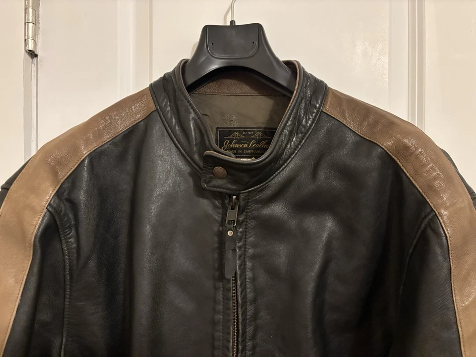"Chaqueta de cuero Johnson Leathers Racer negra con rayas marrones talla XXL 52"" pecho" Foto 3 de 4