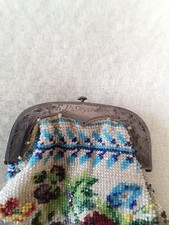 Stunning Early 1900's Antique Floral Beaded Purse Silver Clasp, engraved