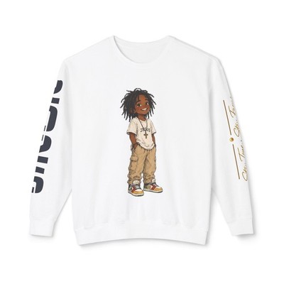 Cartoon Boy Character Crewneck Sweatshirt | Sleeve Script & Bold Side Print