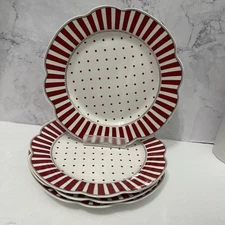 Grace Teaware 9.25” Red and White Striped Small Dinner Salad Plate Set of 4 NEW