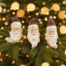 Primitive Vintage Look 3 pc Pinecone Santa Face Ornaments