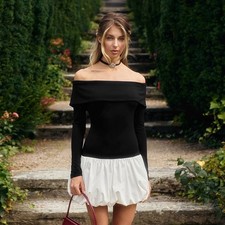 Womens Off-shoulder Long Sleeve Stitching Dre...