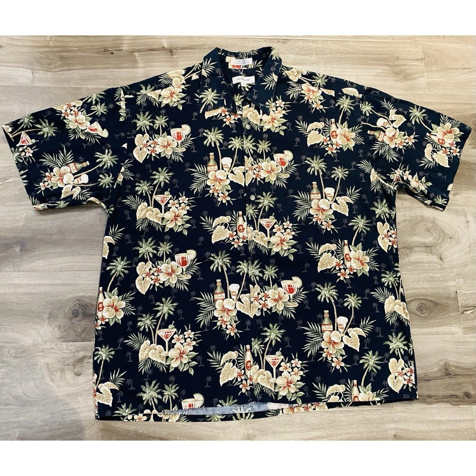 Pierre Cardin Navy Blue Mens XL Hawaiian Tropical Floral Button Up Short Sleeve