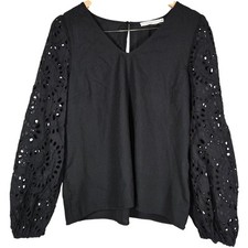 Lush Black Womens V-Neck Top with Lace Sleeve...