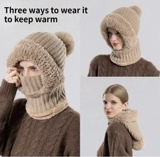 Women Thermal Knitted Hats Full Face Mask Scarf Winter Warm Neck Hooded Hats NEW