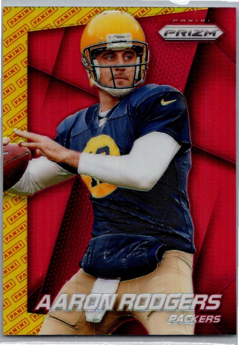 Aaron Rodgers 2014 Panini Prizm Panini Logo Red Yellow #67-PACKERS