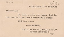 Vintage 1922 Postcard from Ideal Cocoa & Chocolate Co Contest Park Place NY