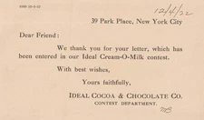 Vintage 1922 Postcard from Ideal Cocoa & Chocolate Co Contest Park Place NY
